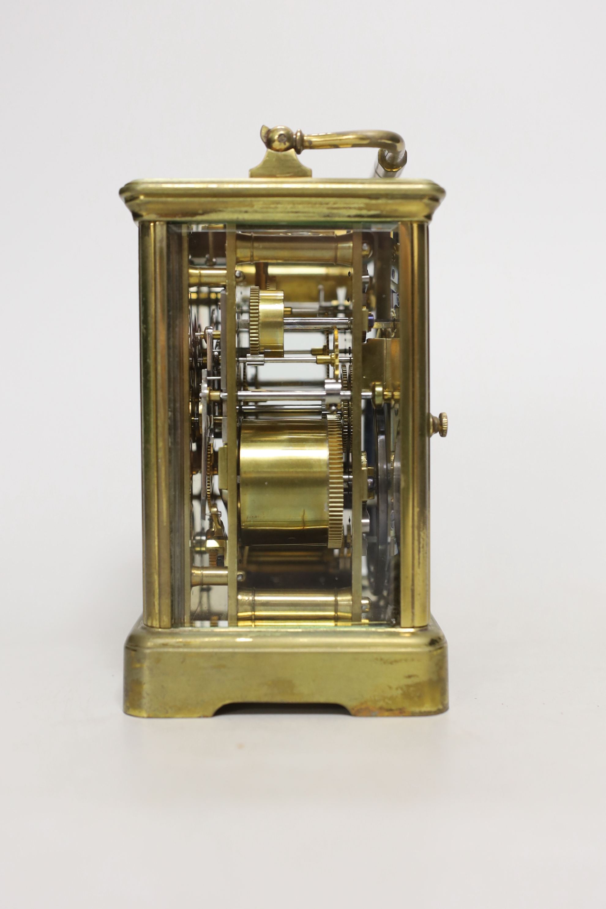 An early 20th century French brass sonnerie repeating carriage clock with alarm, 15cm tall